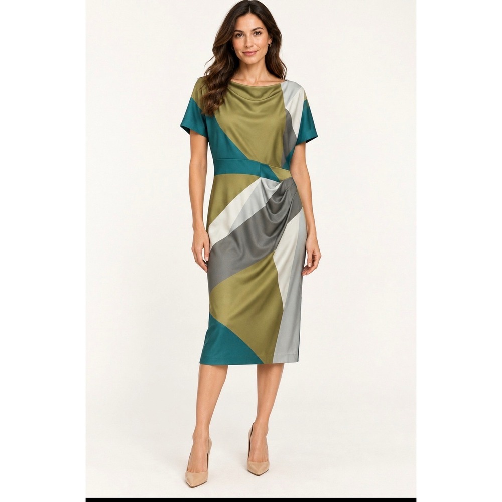 Donna Karan New York Colorblock Cowl Neck Sheath Dress 14W KX5M51Y6 Olive Teal